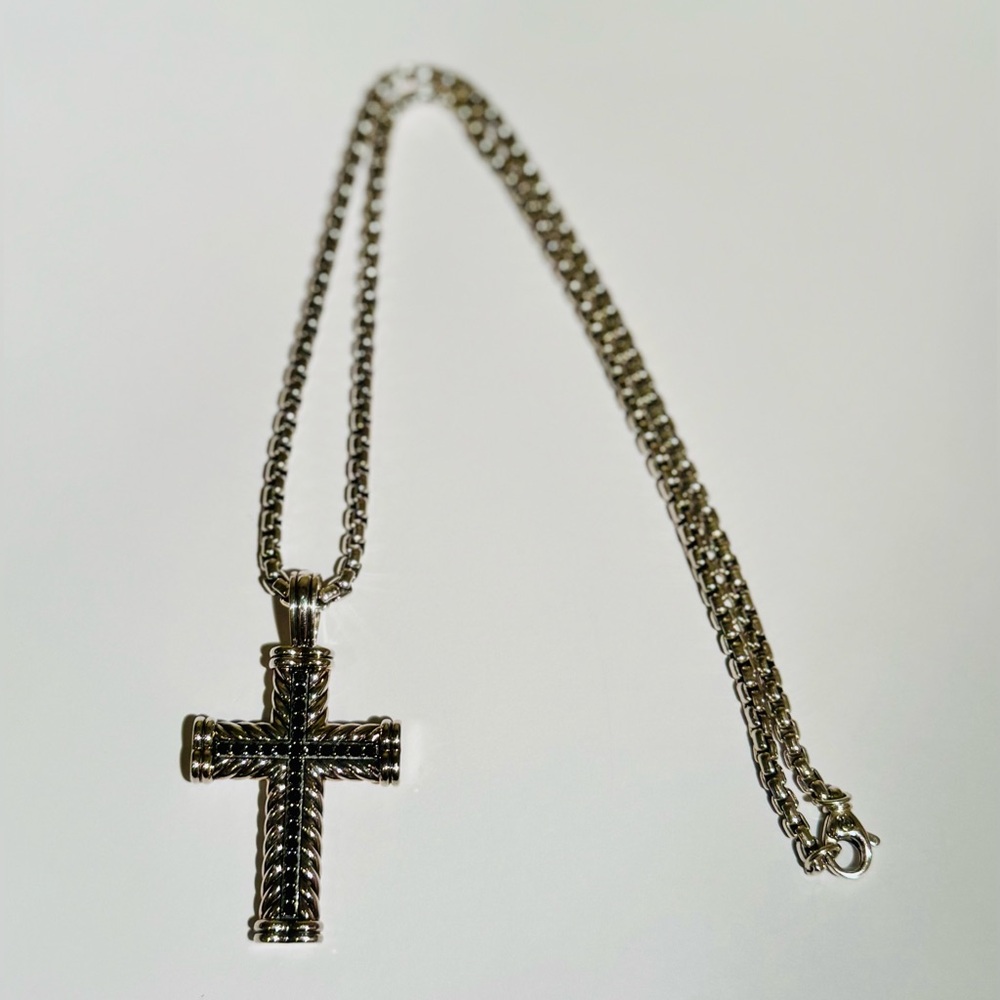 David Yurman Chevron Cross Pendant Necklace Sterling Silver with Black Diamonds